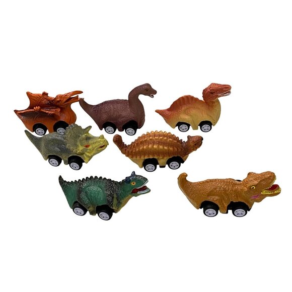 Pull Back Dinosaur Cars Lot of 7 Assorted Colors Designs Textures Rolling Toys - Picture 3 of 6